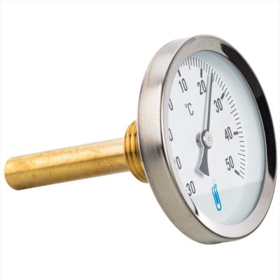 Thermomètre axial avec plongeur 100 mm, doigt de gant, 0/+120°C, acier chromé.