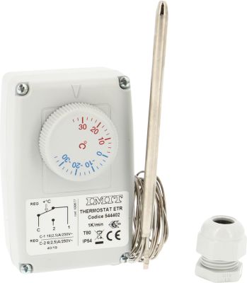 Thermostat étanche à sonde déportée, réglage -35°C à +35°C, boîtier plastique.