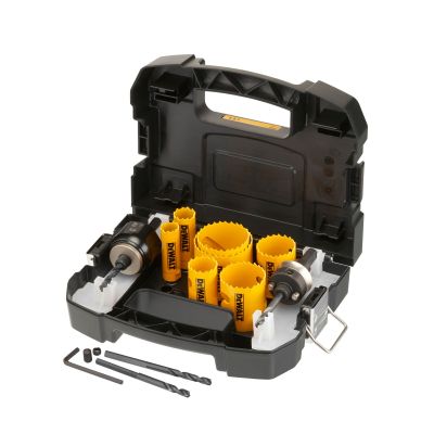 Coffret de 7 scies cloche diam: 19, 22, 29, 38, 44, 51, 57mm + petit et large mandrin quick change et 2 mèches pilotes